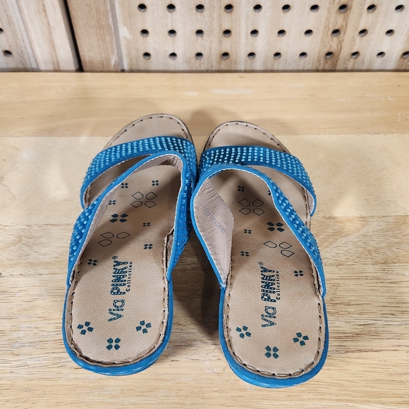 Via Pinky Rhinestone Slides Wedge Sandals Blue Sparkle Summer Shoes - Picture 5 of 7